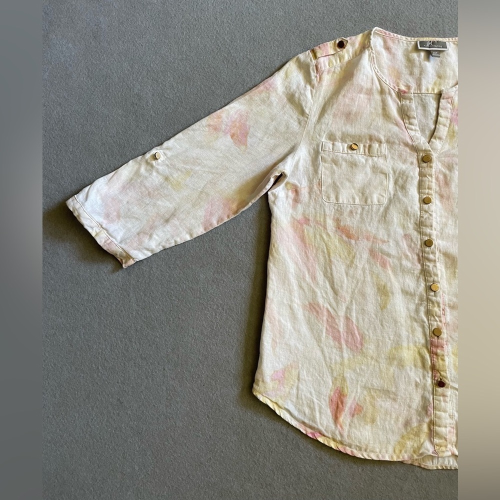JM Collection Size 12P Women’s Button-Front Linen Top Pink Yellow Tie Dye Blouse - Picture 5 of 6